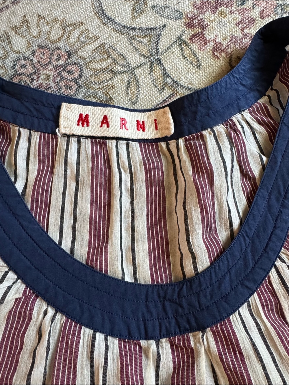 Marni Burgundy, White & Navy Striped Ruffle Top - Picture 2 of 7